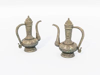 Vintage Bronze Decorative Ornament Set With Intricate Carvings And Traditional Teapot Design 3d model