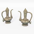 Vintage Bronze Decorative Ornament Set With Intricate Carvings And Traditional Teapot Design