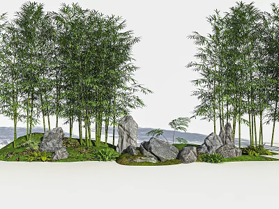 Lush Bamboo Grove With Tall Green Stems Natural Rocks And Scenic Grass 3d model