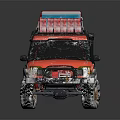 Winter Red SUV With Snow Covered Body And Luggage On Roof Rack