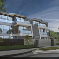 Modern Semi Detached Villa Exterior With Glass Facade Balconies And Landscaped Garden