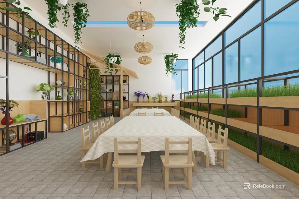 Natural Style Indoor Space With Long Table Plants And Windows 3d model