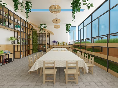 Natural Style Indoor Space With Long Table Plants And Windows 3d model