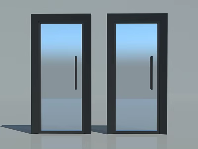 Two Black Framed Glass Doors With Transparent Glass And Handles On Gray Background 3d model