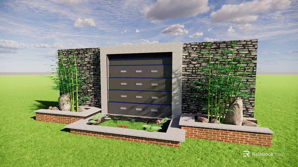 Garden Feature Wall Design With Stone Accents Bamboo Plants And Decorative Pond 3d model 