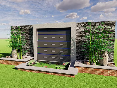 Garden Feature Wall Design With Stone Accents Bamboo Plants And Decorative Pond 3d model