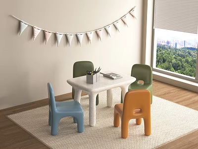 Colorful Kids Table with Green Blue Orange Chairs Bunting Flags and Window View on Rug 3d model