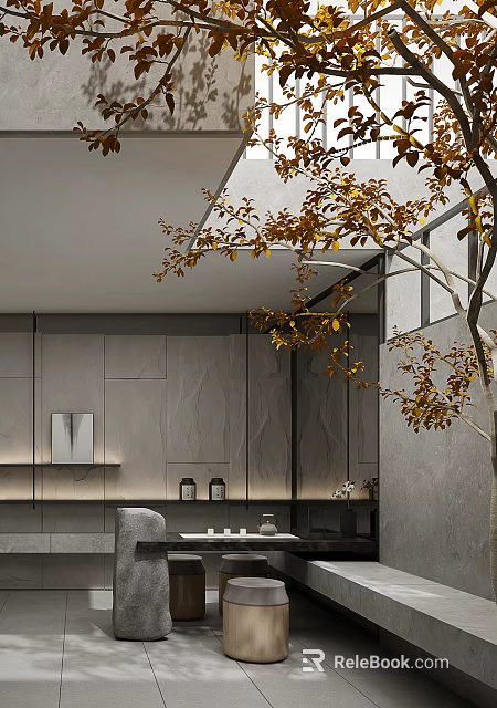 Modern Tea Room With Minimalist Decor Tree And Warm Lighting 3d model