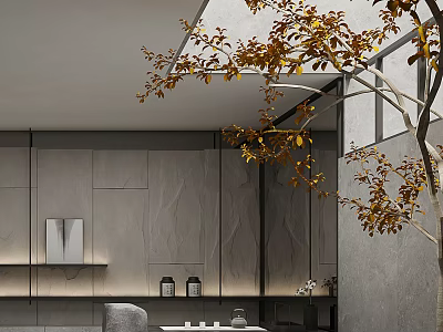 Modern Tea Room With Minimalist Decor Tree And Warm Lighting 3d model