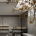 Modern Tea Room With Minimalist Decor Tree And Warm Lighting 3d model