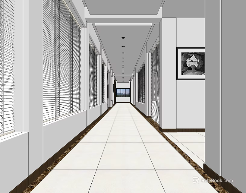 Modern Elevator Hallway With Blinds White Tiled Floor And Light Colored Walls 3d model