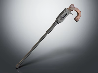 Vintage Metal Cane Gun With Long Shaft Curved Handle And Hidden Barrel 3d model