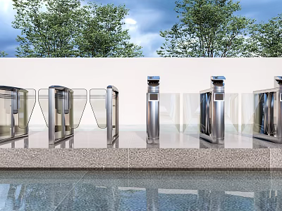Public Facilities With Modern Stainless Steel Turnstiles And Glass Barriers In Outdoor Setting 3d model