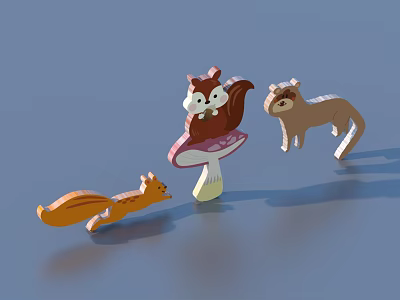 Playful Wooden Forest Creatures Including Squirrel Mushroom And Small Animal Figures 3d model