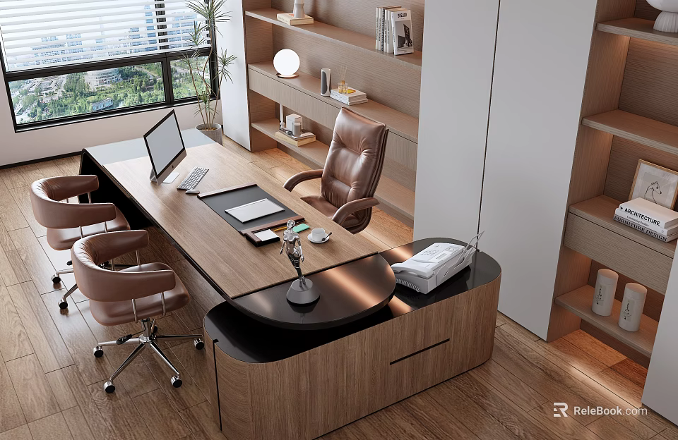 Modern Office Desk With Laptop Leather Chair Bookshelf And Potted Plant 3d model 
