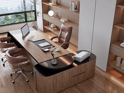 Modern Office Desk With Laptop Leather Chair Bookshelf And Potted Plant 3d model