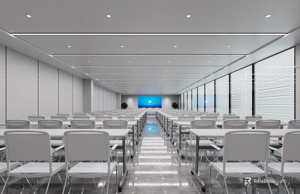 Modern Large Conference Room Interior With Long Tables Chairs Projection Screen And Windows 3d model 
