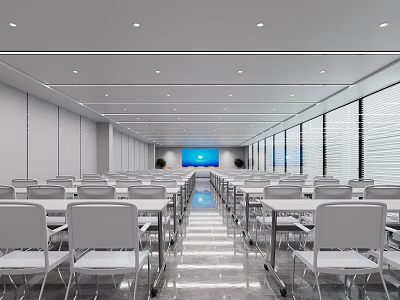 Modern Large Conference Room Interior With Long Tables Chairs Projection Screen And Windows 3d model