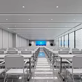 Modern Large Conference Room Interior With Long Tables Chairs Projection Screen And Windows