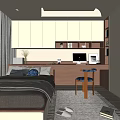 Modern Tatami Bedroom Interior With Tatami Bed Desk Computer Wooden Bookshelves And Window Blinds