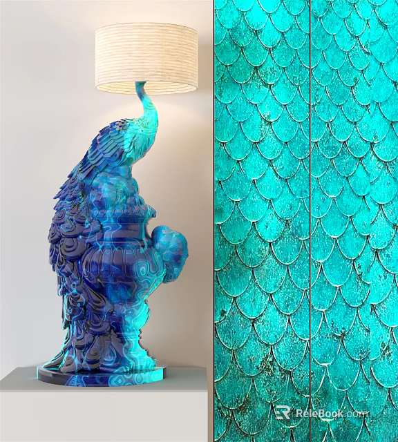 Blue Peacock Shaped Table Lamp With Stunning Scaled Pattern Background Design 3d model 