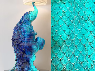 Blue Peacock Shaped Table Lamp With Stunning Scaled Pattern Background Design 3d model