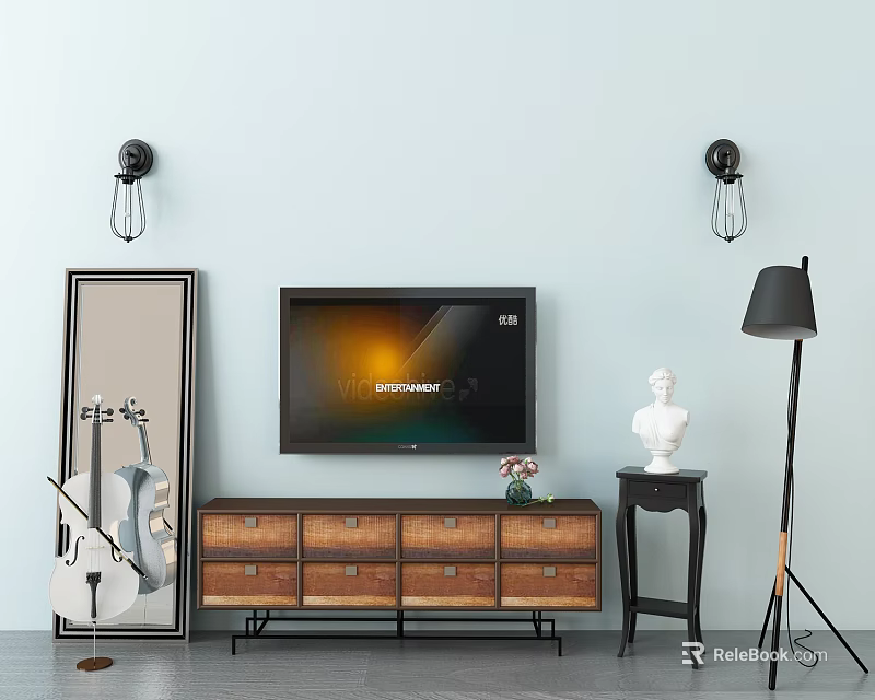 Modern TV Stand With TV Cello Mirror Statue Floor Lamp And Wall Sconces 3d model 