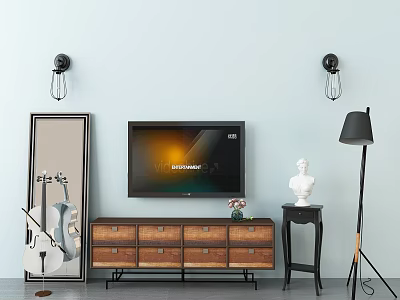 Modern TV Stand With TV Cello Mirror Statue Floor Lamp And Wall Sconces 3d model