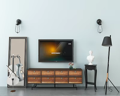 Modern TV Stand With TV Cello Mirror Statue Floor Lamp And Wall Sconces 3d model