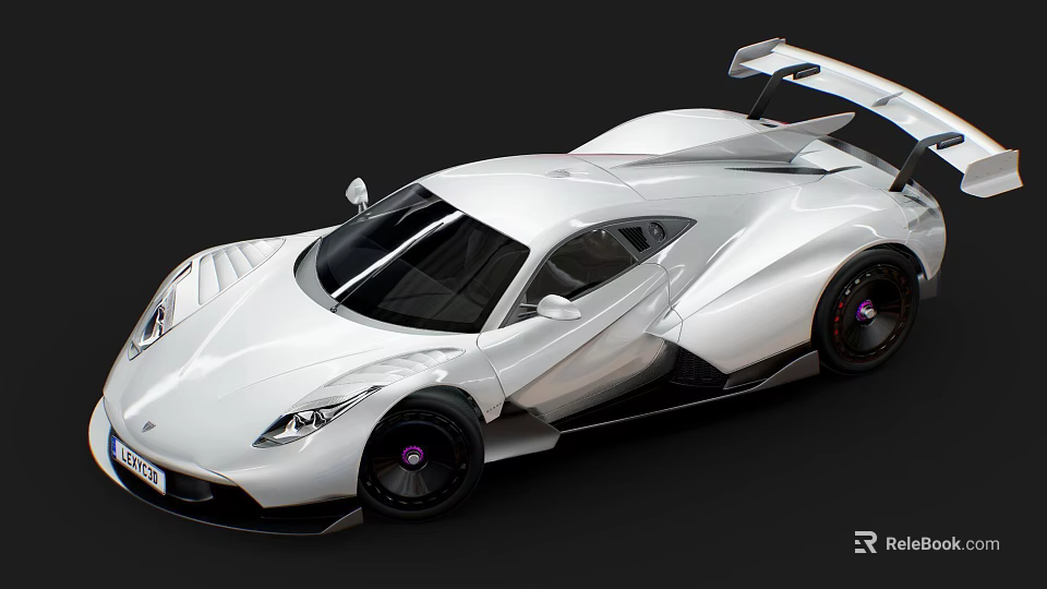 White Supercar With Sleek Body Large Rear Spoiler And Black Rims 3d model 