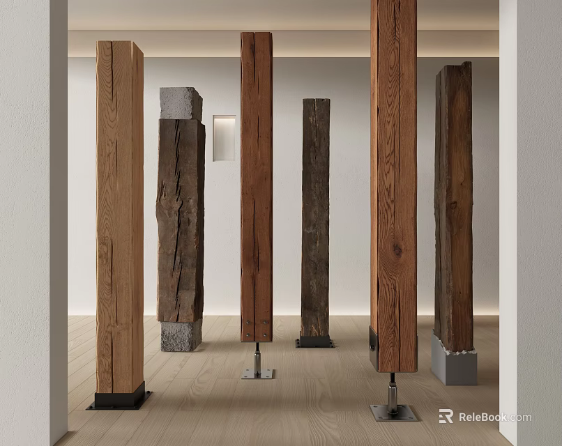 Various Wooden Pillars With Different Designs Displayed In Modern Interior Space 3d model 