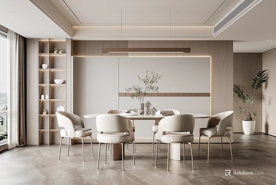 Elegant Modern Restaurant Interior Design With Round Dining Table Beige Chairs And Pendant Lights 3d model 