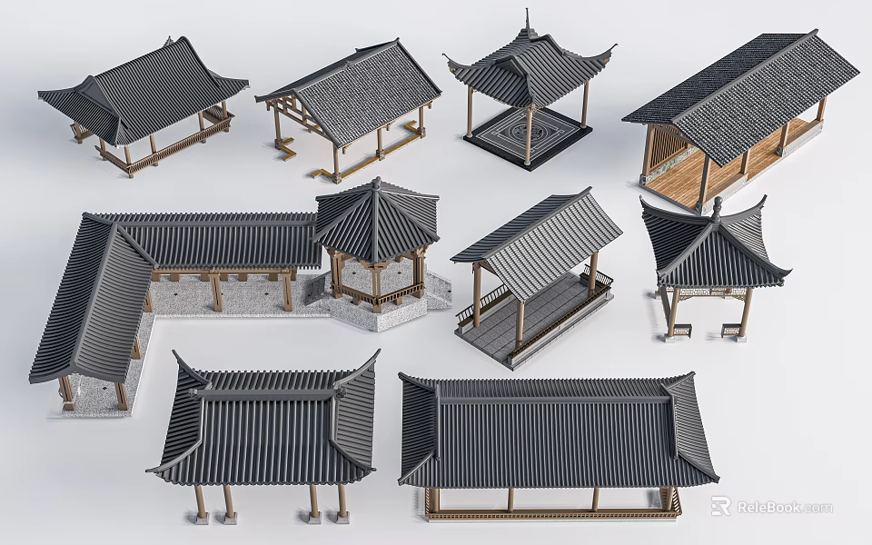 Traditional Chinese Architecture Roof Models with Wooden Frames Black Tiles and Various Styles 3d model 