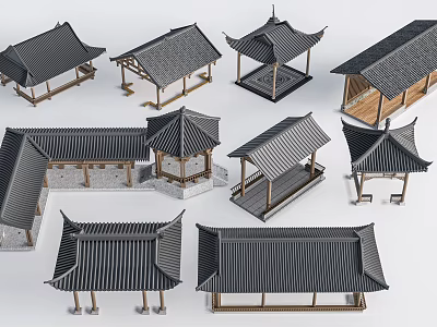Traditional Chinese Architecture Roof Models with Wooden Frames Black Tiles and Various Styles 3d model
