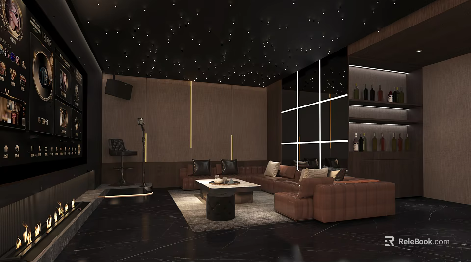 Elegant Luxury KTV Interior With Leather Sofa Ambient Lighting And Bar Counter 3d model 
