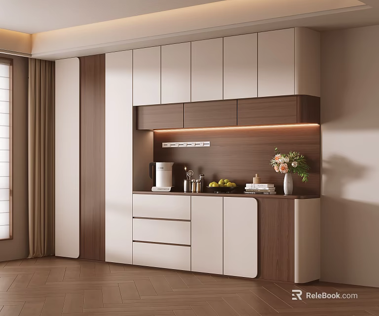 Modern Sideboard Design With White And Wood Finish LED Lighting And Decorative Items 3d model 