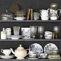 Elegant Assorted Tableware Set Displayed on Shelves with Plates Cups Teapot and Glassware
