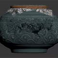 Blue Green Ceramic Jar With Carved Patterns And Lid Featuring Patterned Fabric Brown Trim 3d model