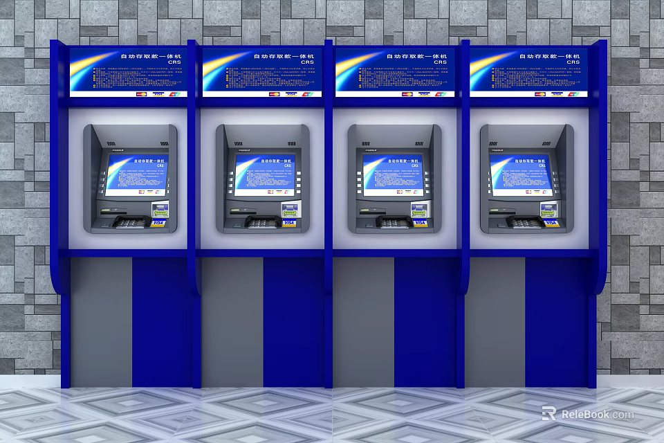 Public Facility Four ATM Machines With Blue Gray Design And Digital Screens 3d model 