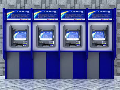 Public Facility Four ATM Machines With Blue Gray Design And Digital Screens 3d model