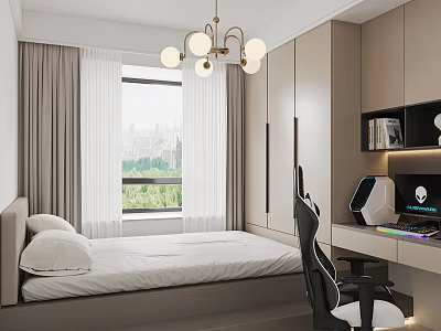 Modern Tatami Bedroom Interior With Tatami Bed Desk Chair Chandelier And Bookshelf 3d model