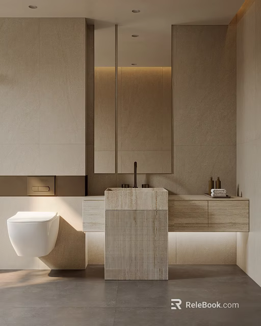 Modern Bathroom Interior Design With Stone Vanity Wall Mounted Toilet And Large Mirror 3d model 
