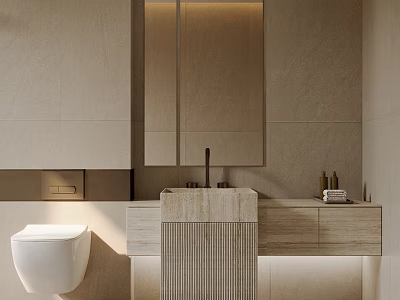 Modern Bathroom Interior Design With Stone Vanity Wall Mounted Toilet And Large Mirror 3d model