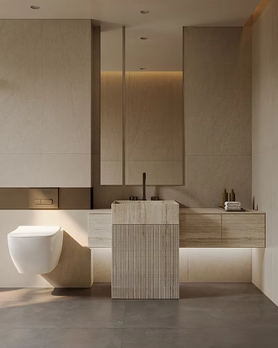 Modern Bathroom Interior Design With Stone Vanity Wall Mounted Toilet And Large Mirror 3d model