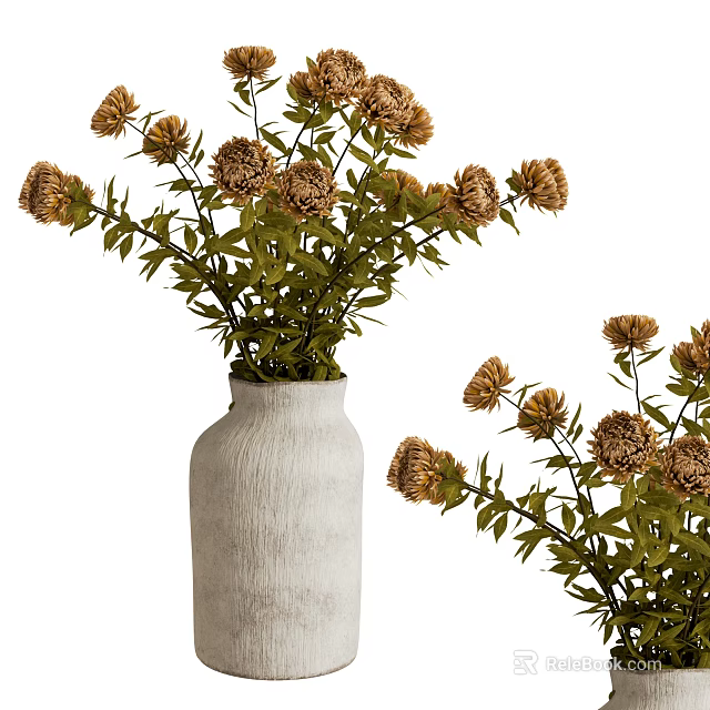 Decorative White Ceramic Vase With Brown Flowers Green Leaves Natural Home Decor 3d model 