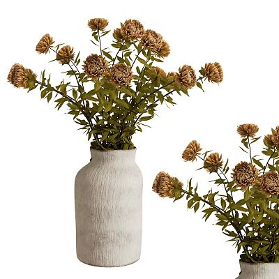 Decorative White Ceramic Vase With Brown Flowers Green Leaves Natural Home Decor 3d model