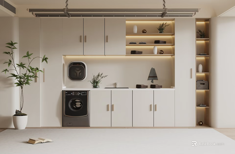 Modern Laundry Room Interior Design With White Cabinets Washing Machine Shelving And Potted Plant 3d model 