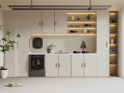 Modern Laundry Room Interior Design With White Cabinets Washing Machine Shelving And Potted Plant 3d model