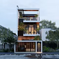 Modern Three Story Detached Villa Exterior Design With Balconies Green Plants And Large Windows