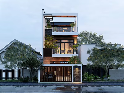 Modern Three Story Detached Villa Exterior Design With Balconies Green Plants And Large Windows 3d model